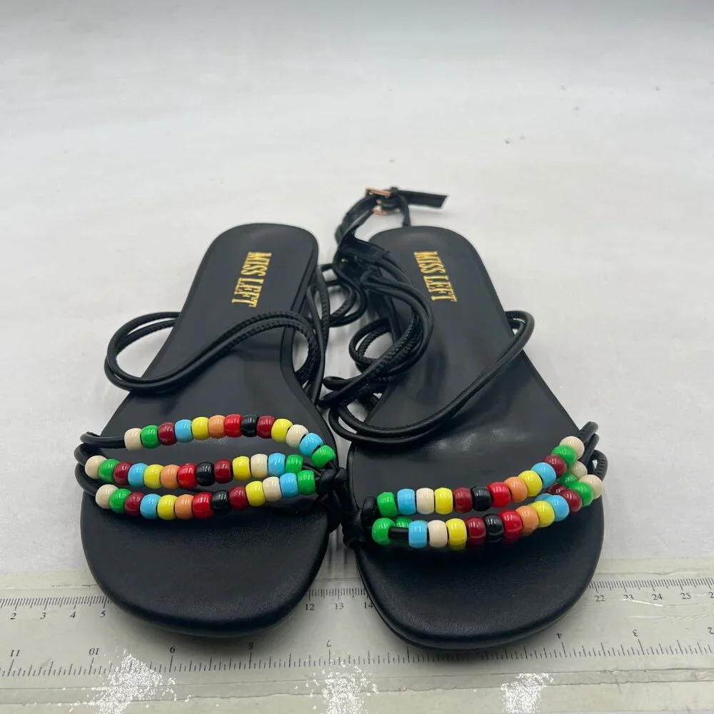 miss left Black Beaded Flat Sandals for Women Ankle Strap Open Toe Slide Sandals